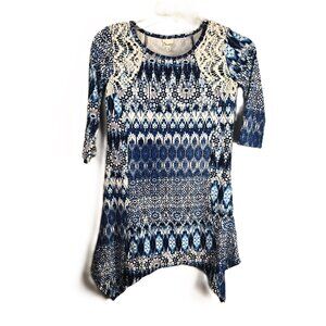 Mudd Hippy A-Line Dress Girls 10 Blue White Tie-Dye Lace Curved Hem Boho Stretch